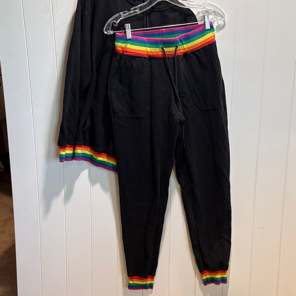 TomboyX rainbow banded black sweatshirt and sweatpants set, cotton S